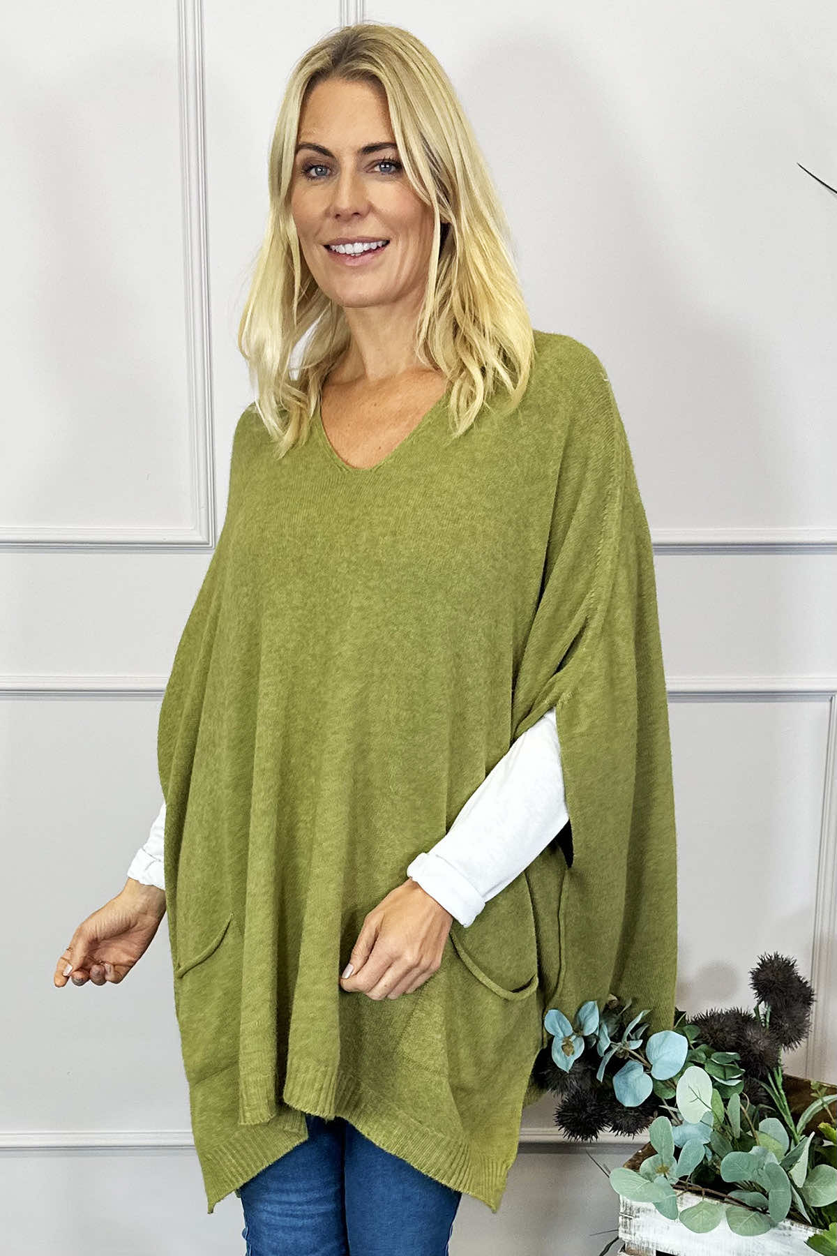 Ellie V-Neck Poncho Jumper Olive