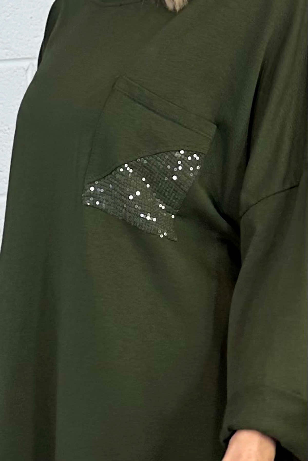 Abby Sequin Pocket Cotton Top Khaki