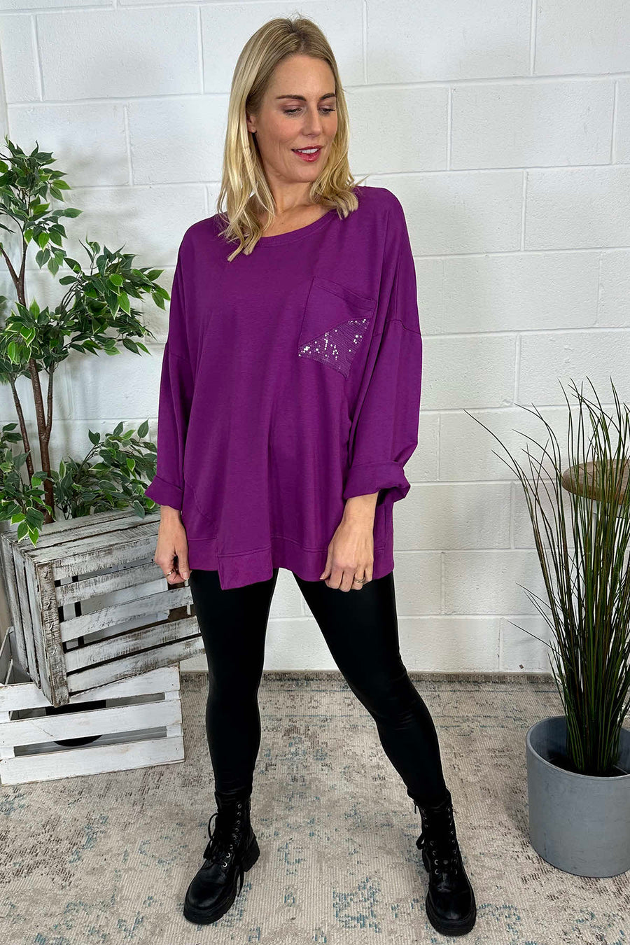 Abby Sequin Pocket Cotton Top Berry