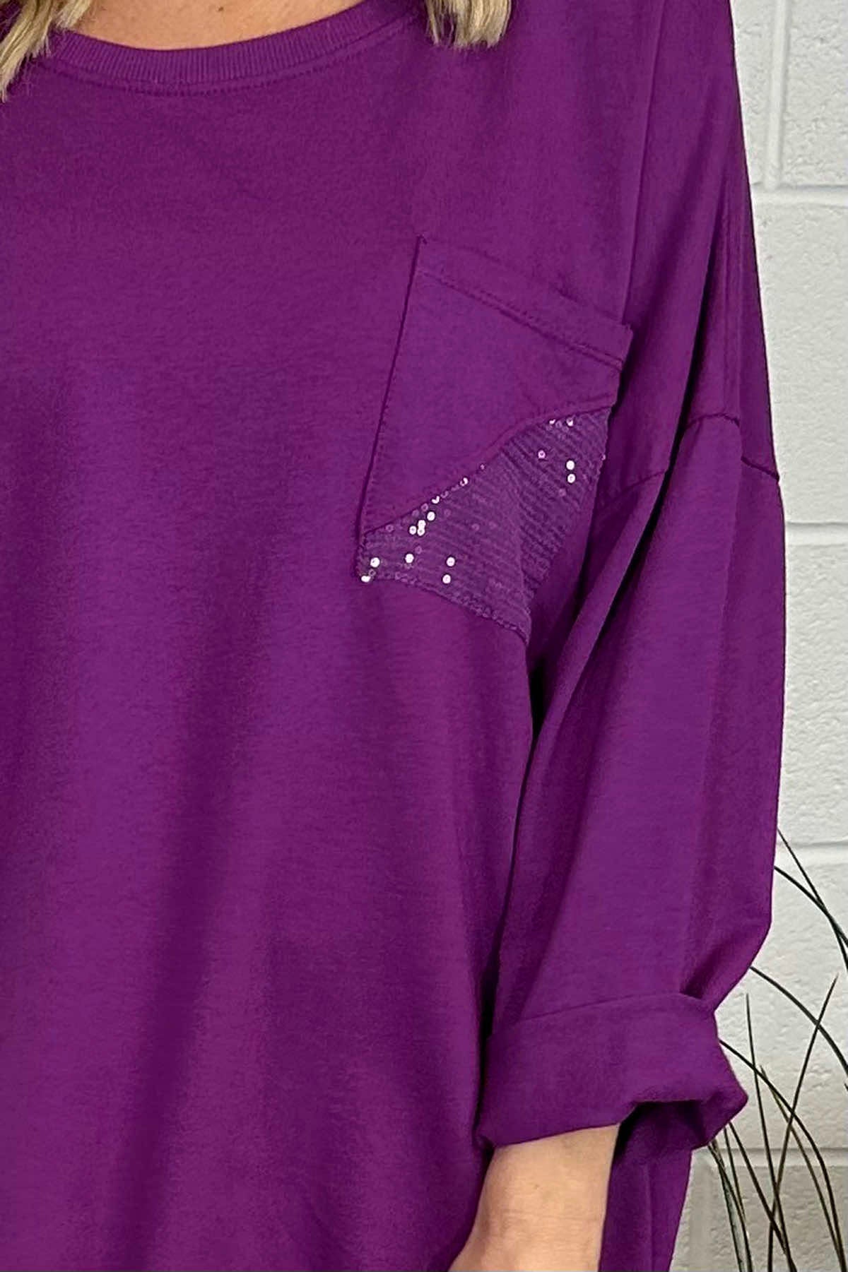 Abby Sequin Pocket Cotton Top Berry