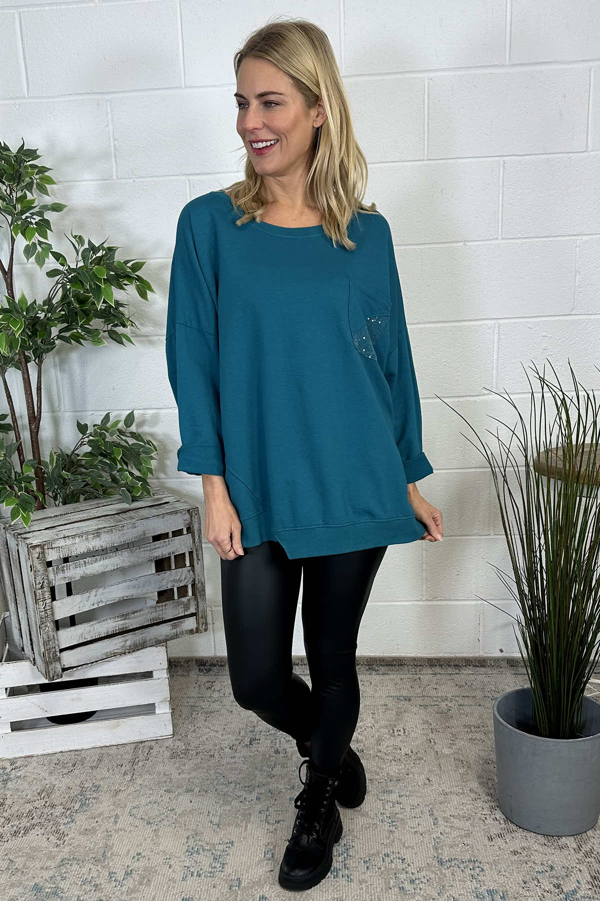 Abby Sequin Pocket Cotton Top Teal