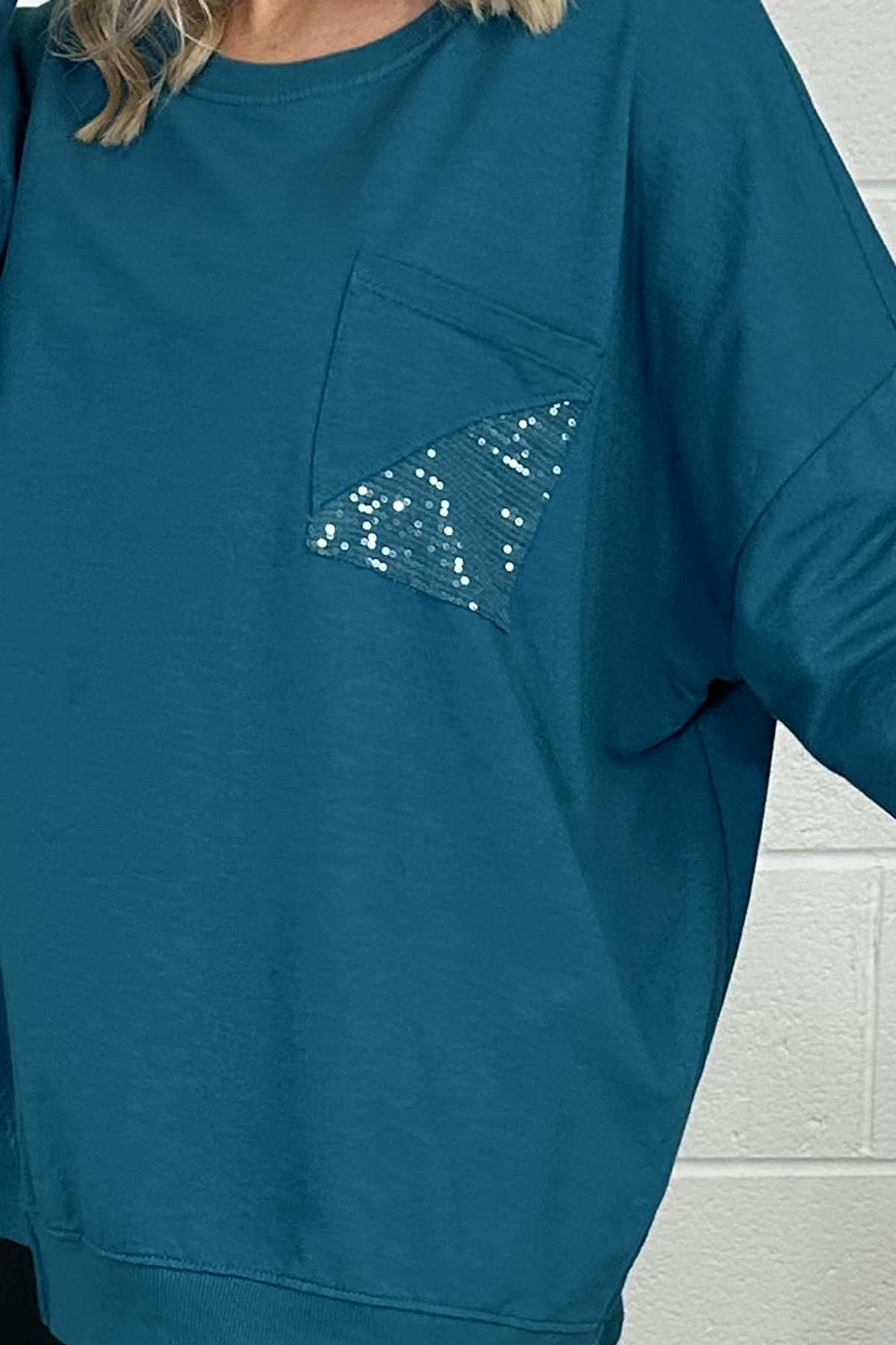 Abby Sequin Pocket Cotton Top Teal