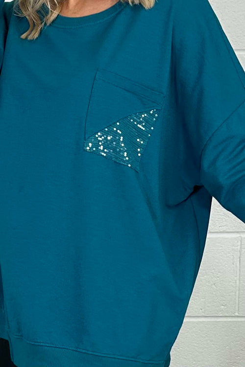 Abby Sequin Pocket Cotton Top Teal - Image 3