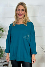 Abby Sequin Pocket Cotton Top Teal Teal - Abby Sequin Pocket Cotton Top Teal