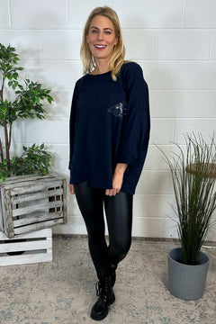 Abby Sequin Pocket Cotton Top Navy