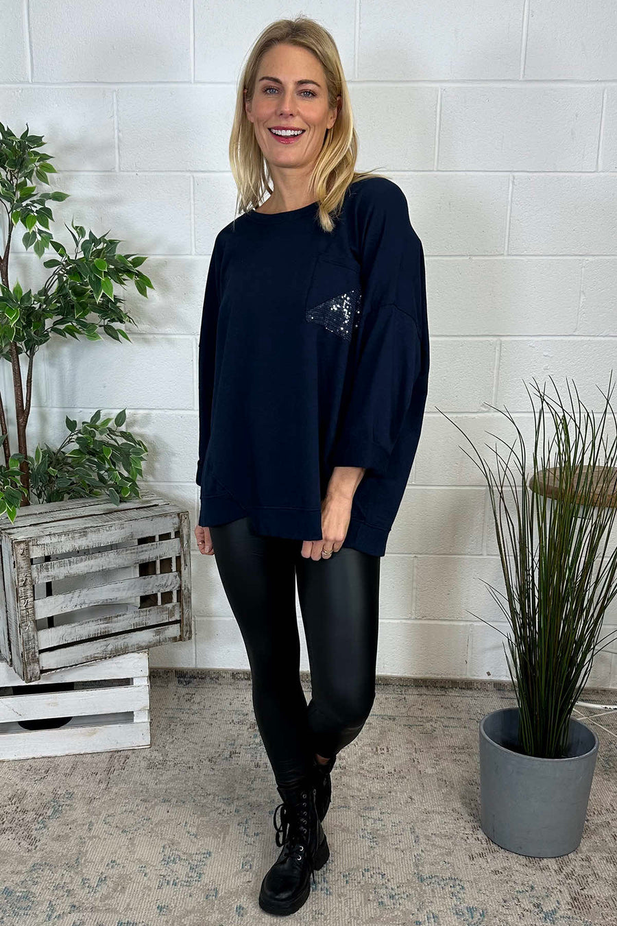 Abby Sequin Pocket Cotton Top Navy