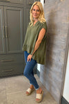 Dawn V-Neck Frill Top Dark Khaki