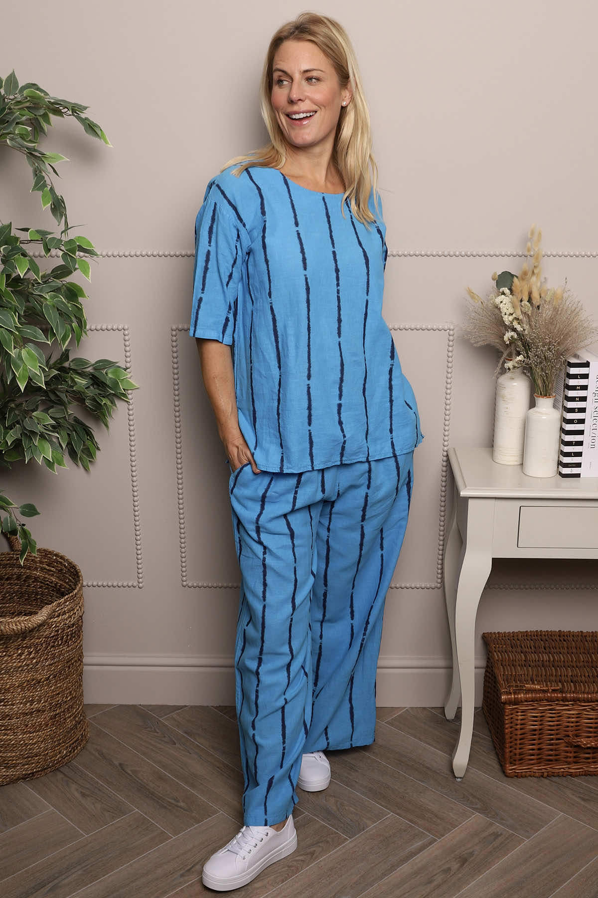 Kalia Stripe Linen Top Kingfisher