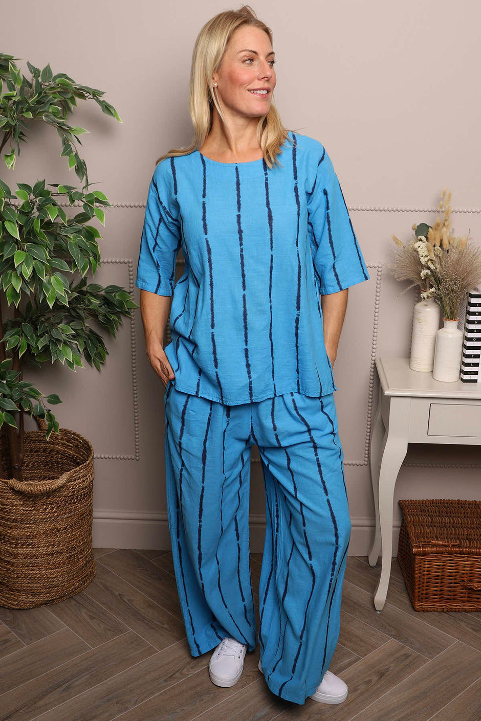 Kalia Stripe Linen Top Kingfisher