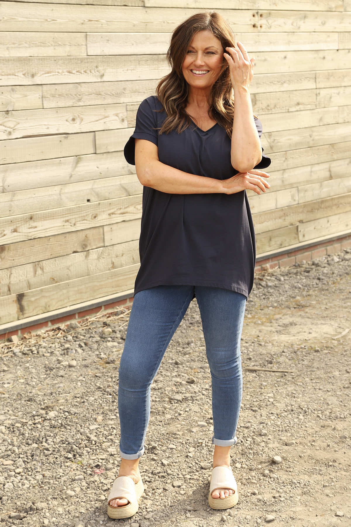 Delphina V-Neck Cotton Top Navy