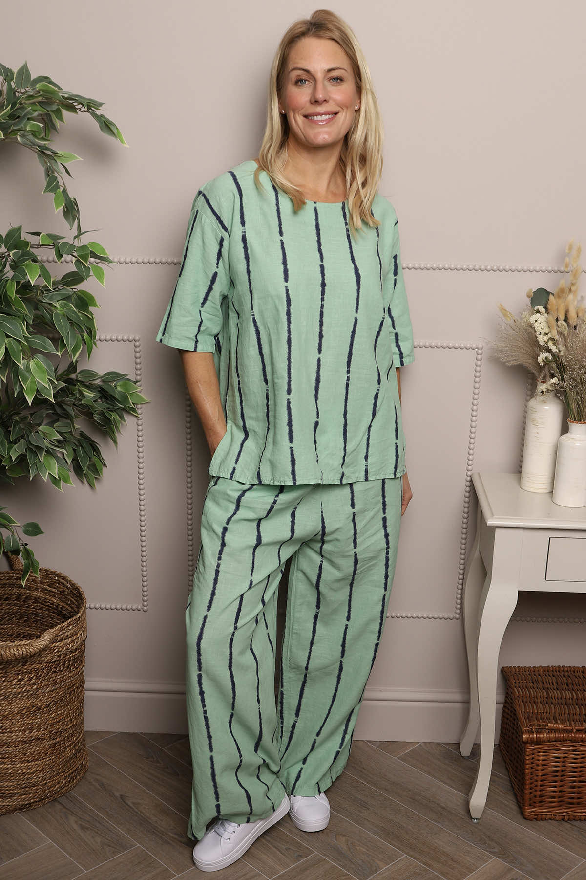 Kalia Stripe Linen Top Green