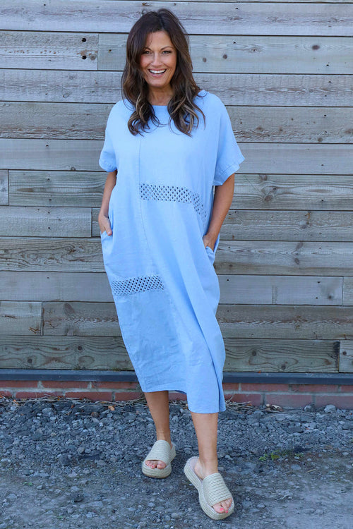 Felicia Crochet Detail Linen Dress Powder Blue - Image 1