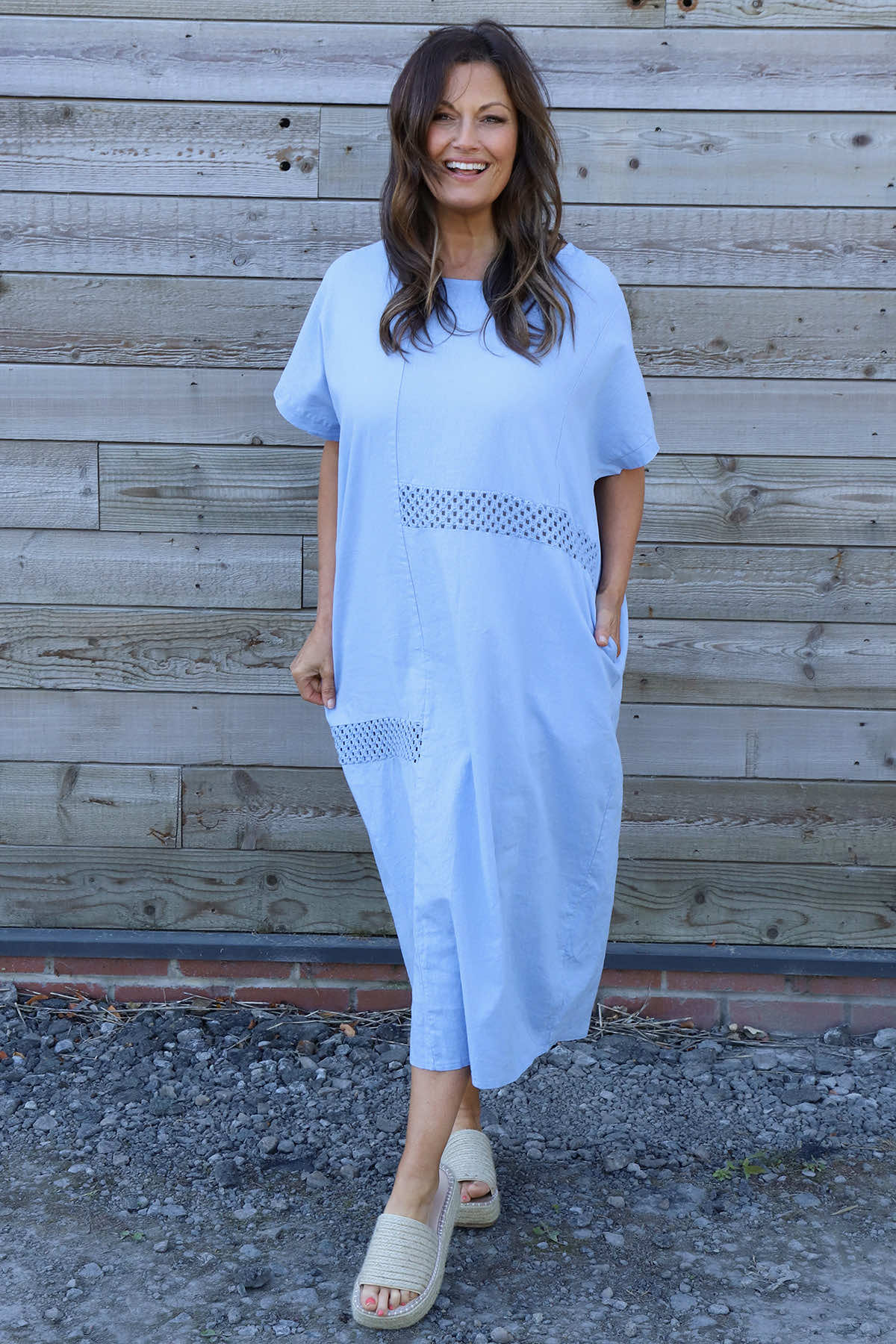 Felicia Crochet Detail Linen Dress Powder Blue
