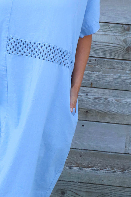 Felicia Crochet Detail Linen Dress Powder Blue - Image 3
