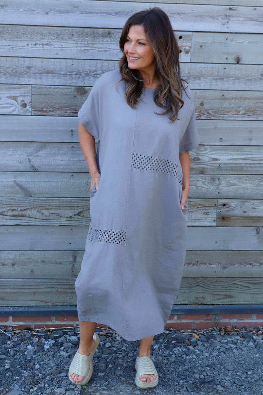 Felicia Crochet Detail Linen Dress Mocha