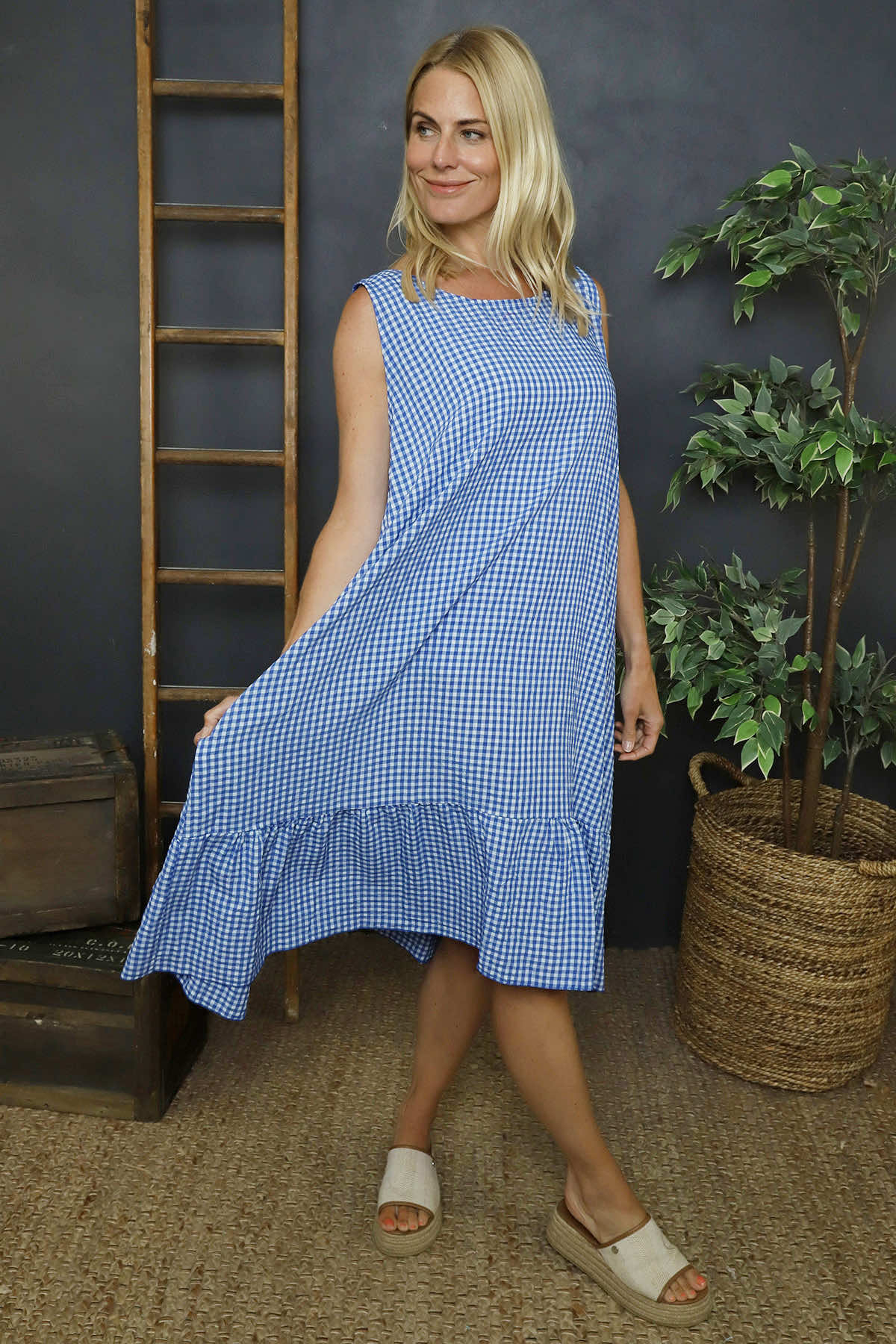 Imani Sleeveless Gingham Dress Cobalt