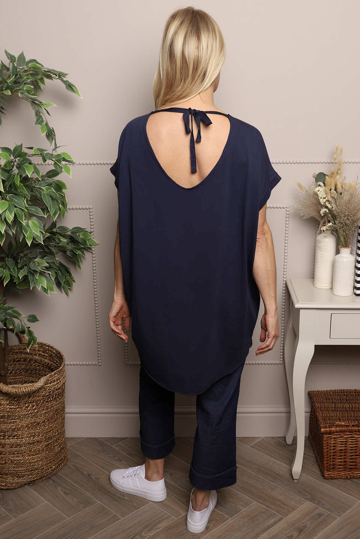 Porthcurno Tie Back Cotton Top Navy