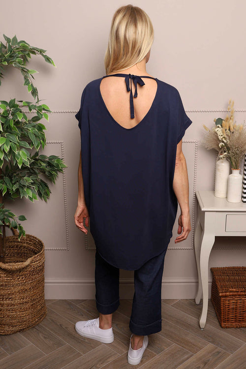 Porthcurno Tie Back Cotton Top Navy - Image 3