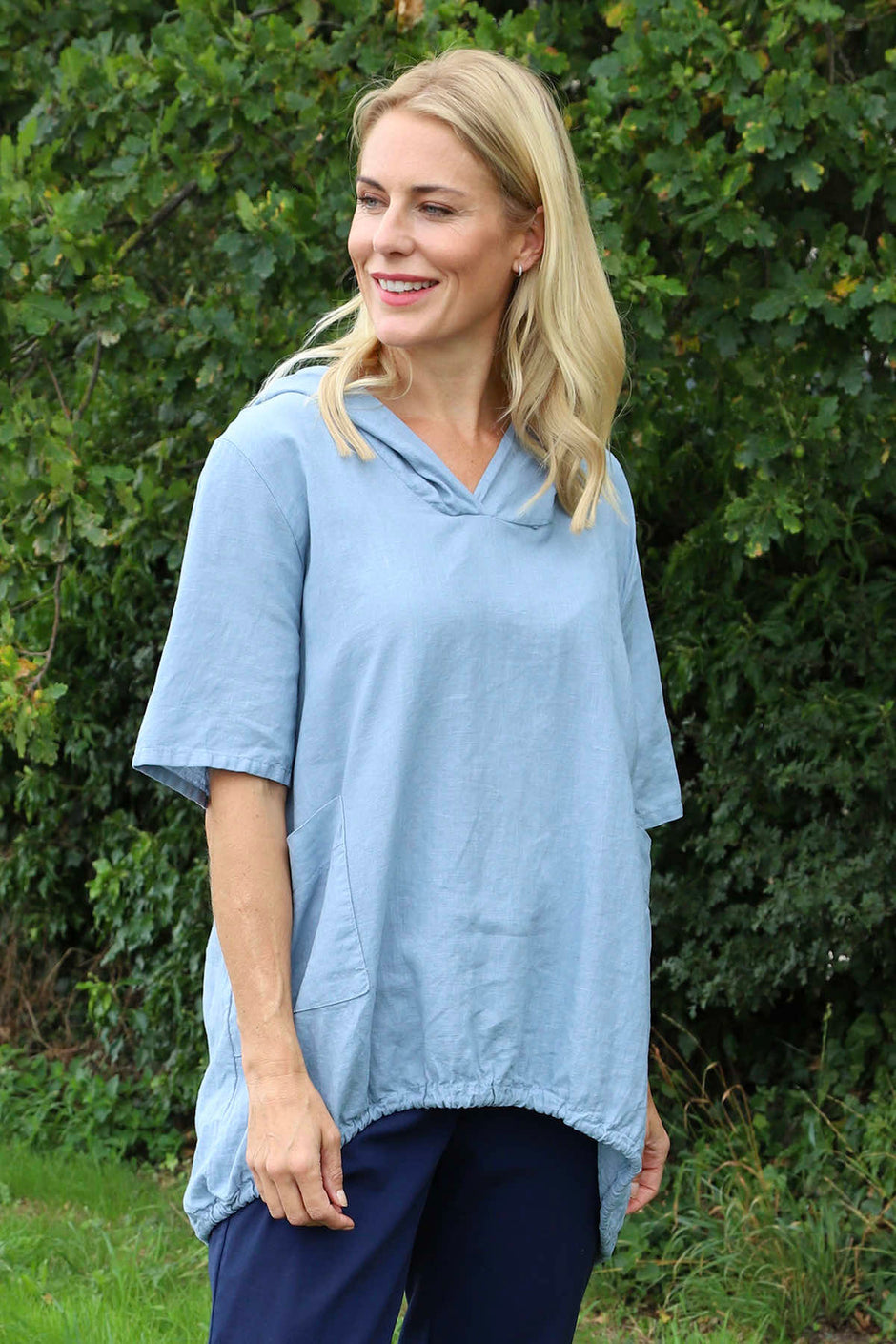 Linda Hooded Linen Top Blue