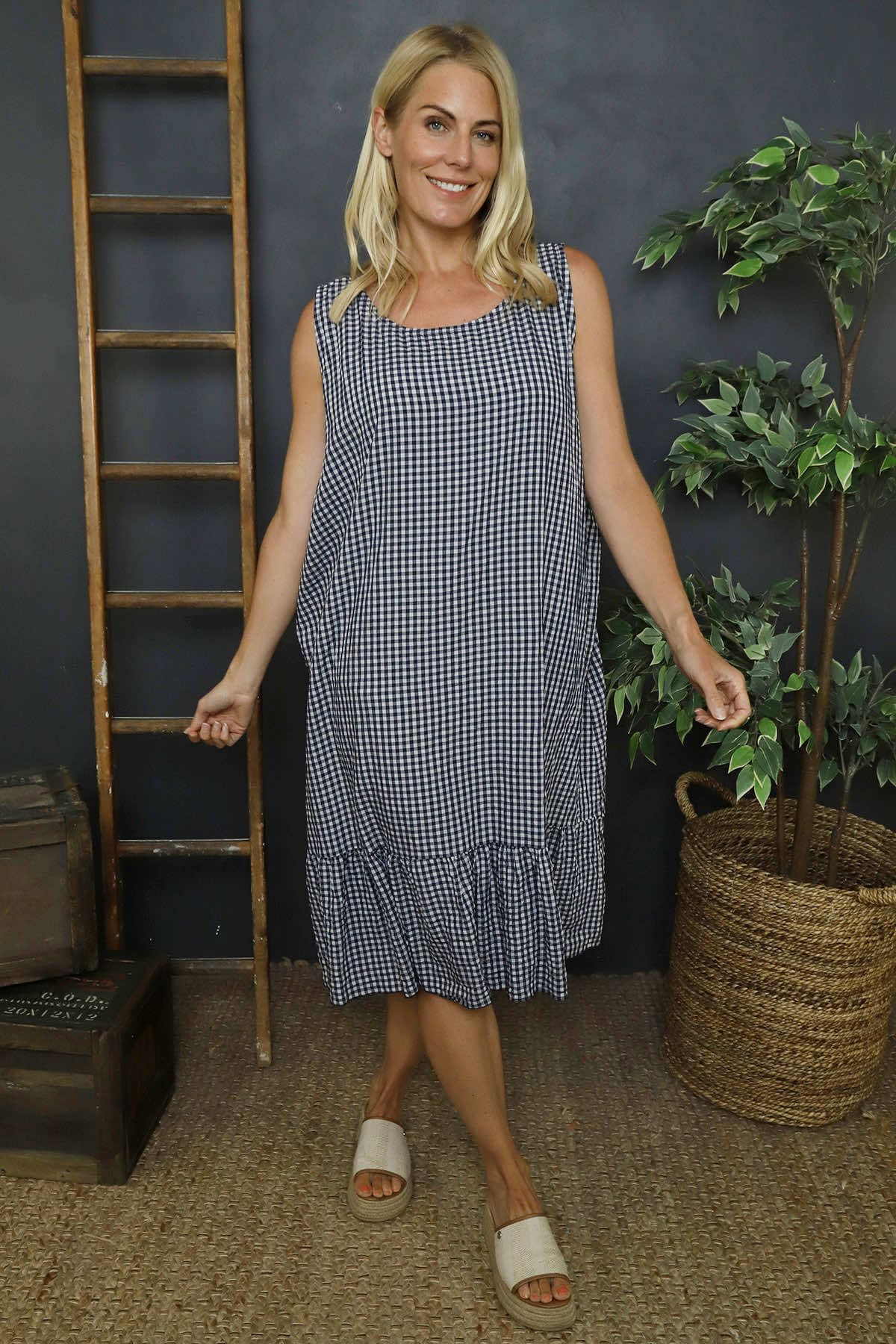 Imani Sleeveless Gingham Dress Navy