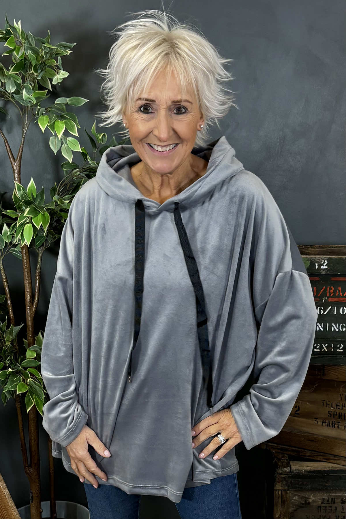 Delaney Velour Hooded Top Grey