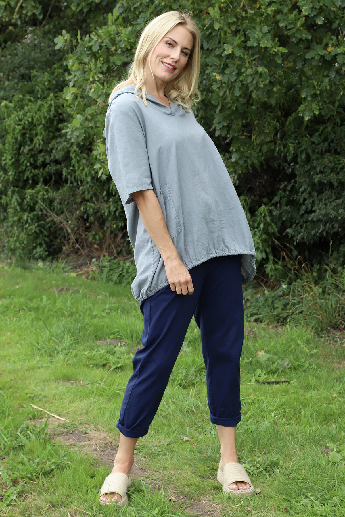Linda Hooded Linen Top Mid Grey