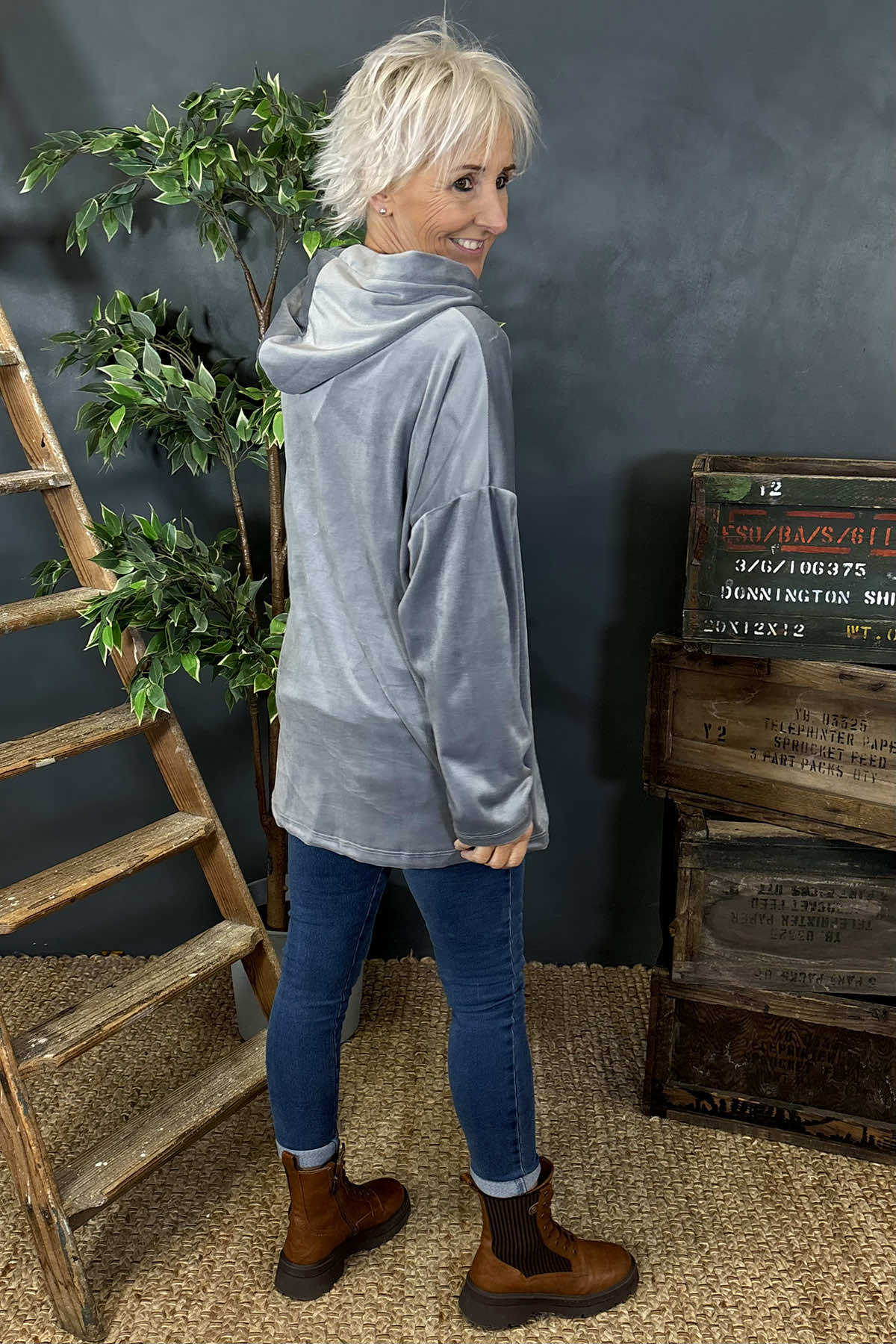 Delaney Velour Hooded Top Grey