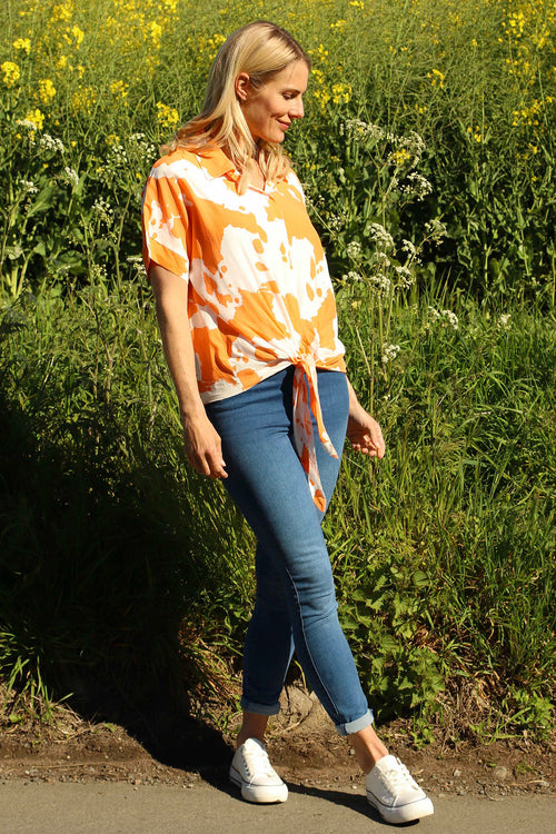 Edna Print Tie Shirt Orange - Image 1