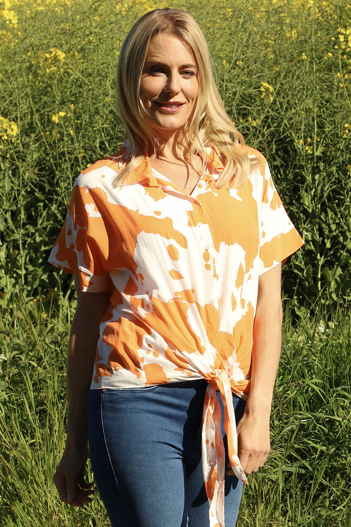 Edna Print Tie Shirt Orange