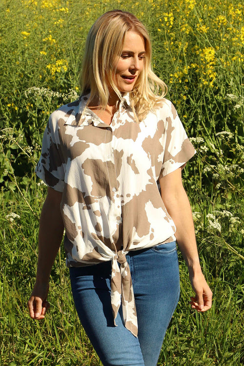 Edna Print Tie Shirt Mocha - Image 3