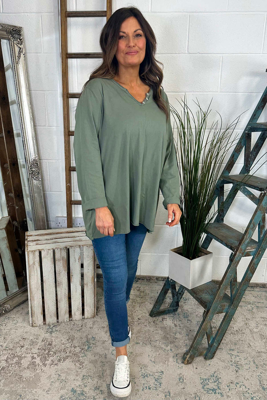 Briella V-Neck Cotton Top Khaki