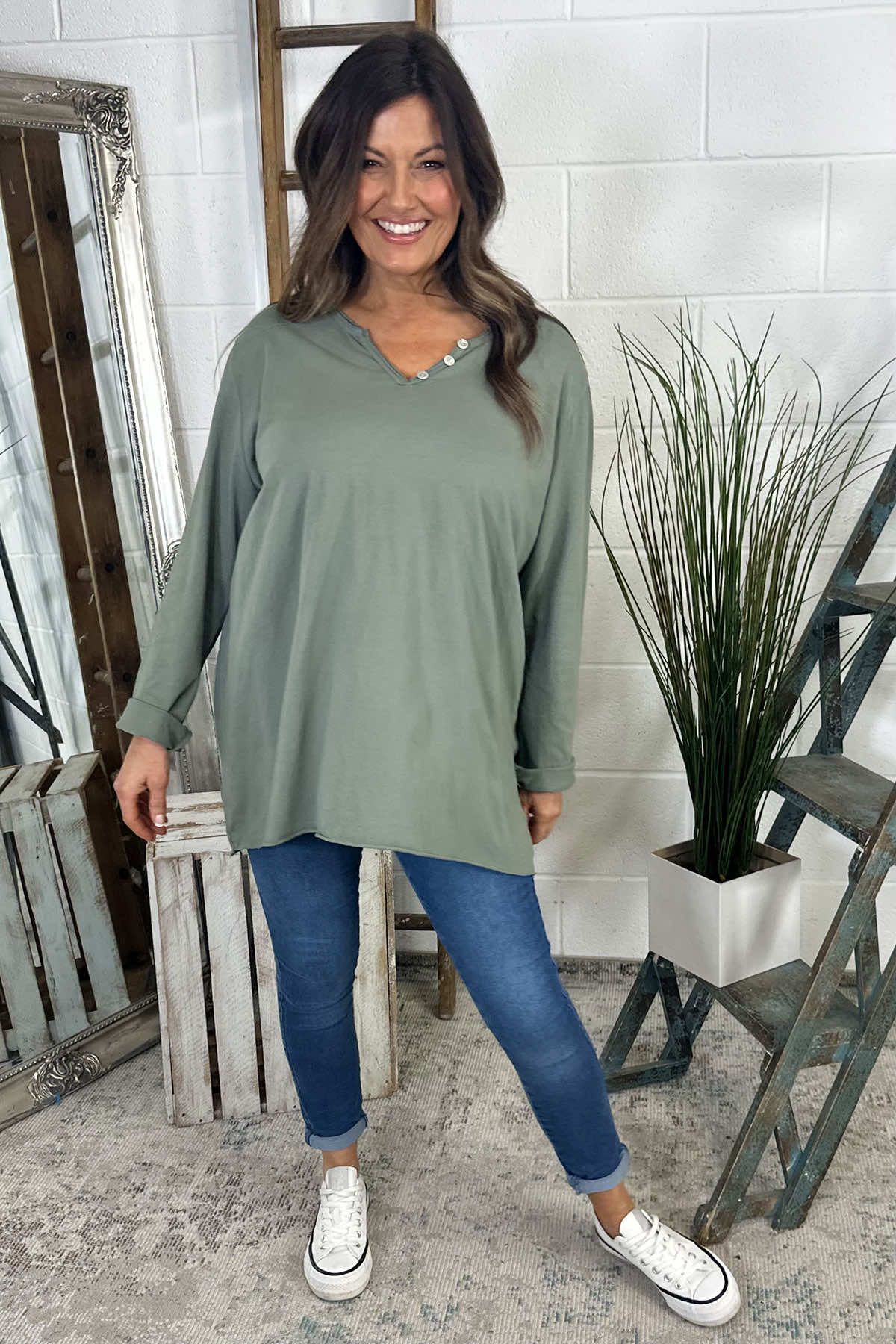 Briella V-Neck Cotton Top Khaki