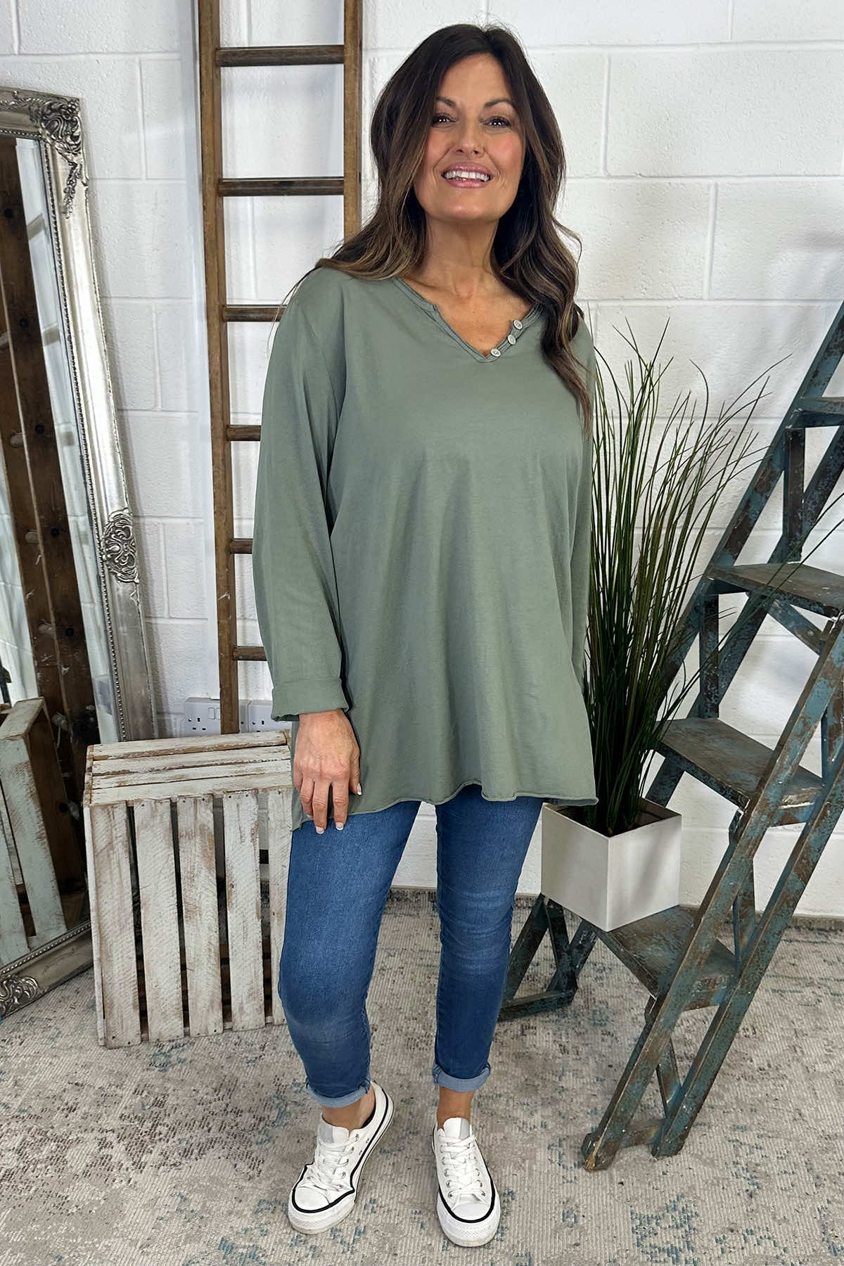 Briella V-Neck Cotton Top Khaki