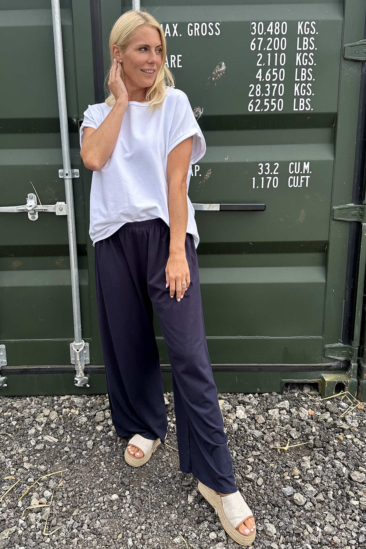 Ayla Wide Leg Cotton Trousers Navy