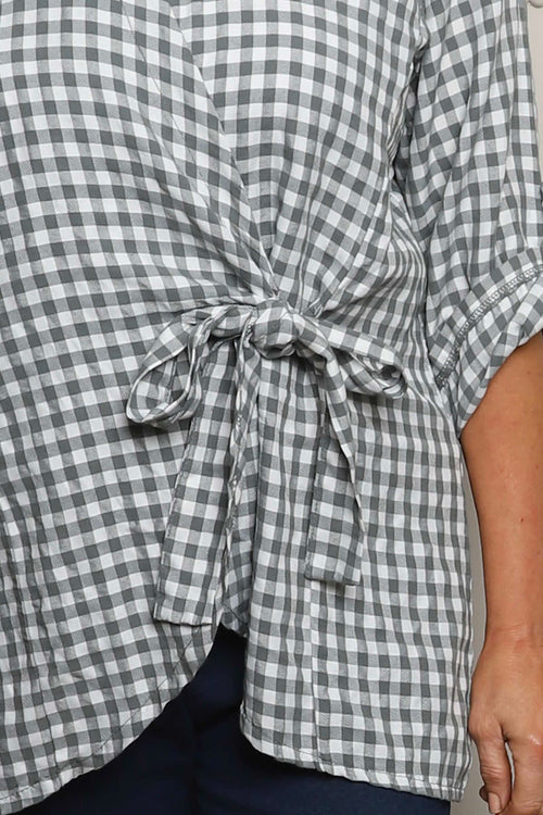 Shyla Gingham Wrap Cotton Top Mid Grey - Image 2