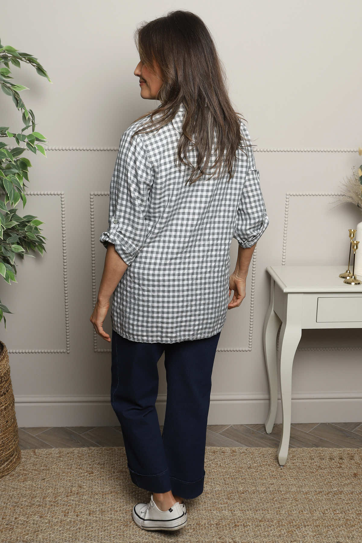 Shyla Gingham Wrap Cotton Top Mid Grey