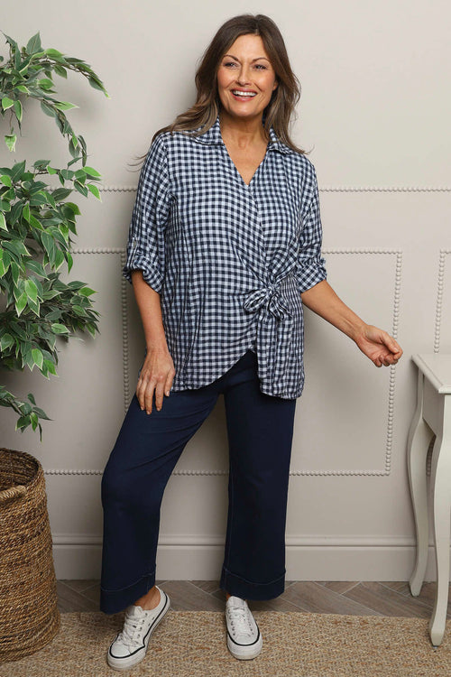 Shyla Gingham Wrap Cotton Top Navy - Image 1