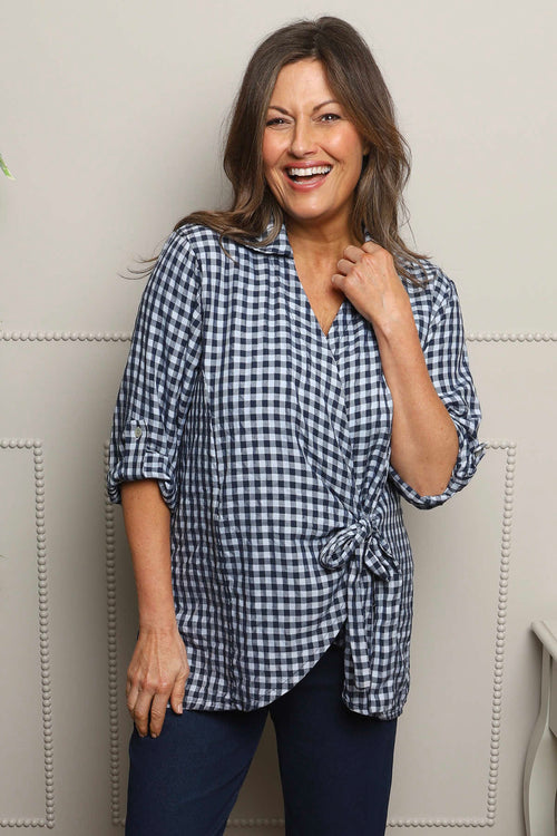 Shyla Gingham Wrap Cotton Top Navy - Image 2