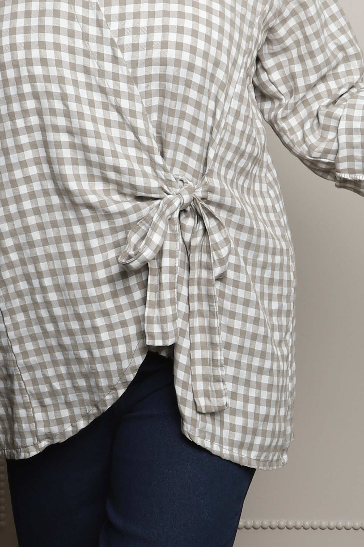 Shyla Gingham Wrap Cotton Top Mocha