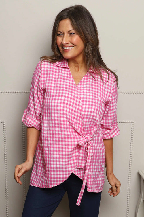 Shyla Gingham Wrap Cotton Top Fuchsia - Image 1