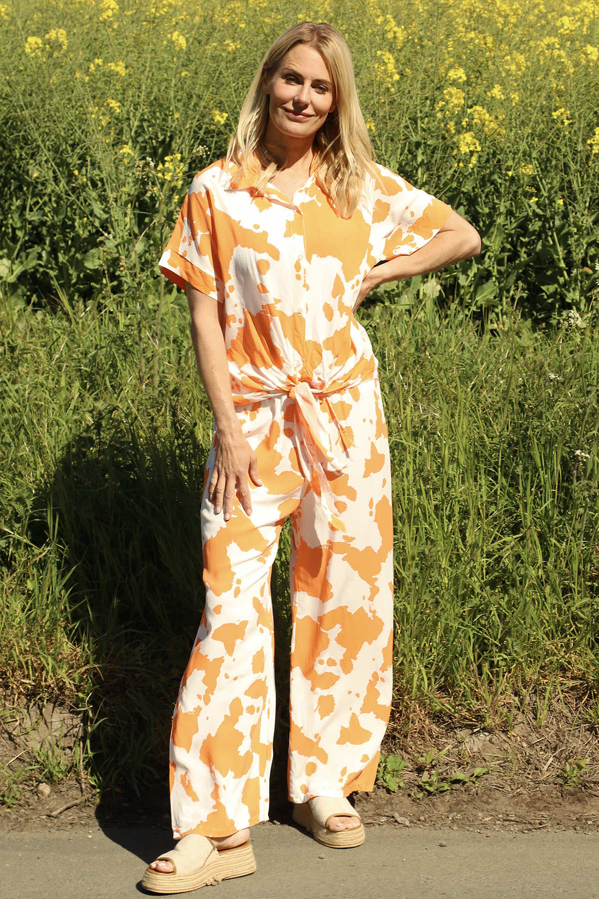 Edna Print Tie Shirt Orange