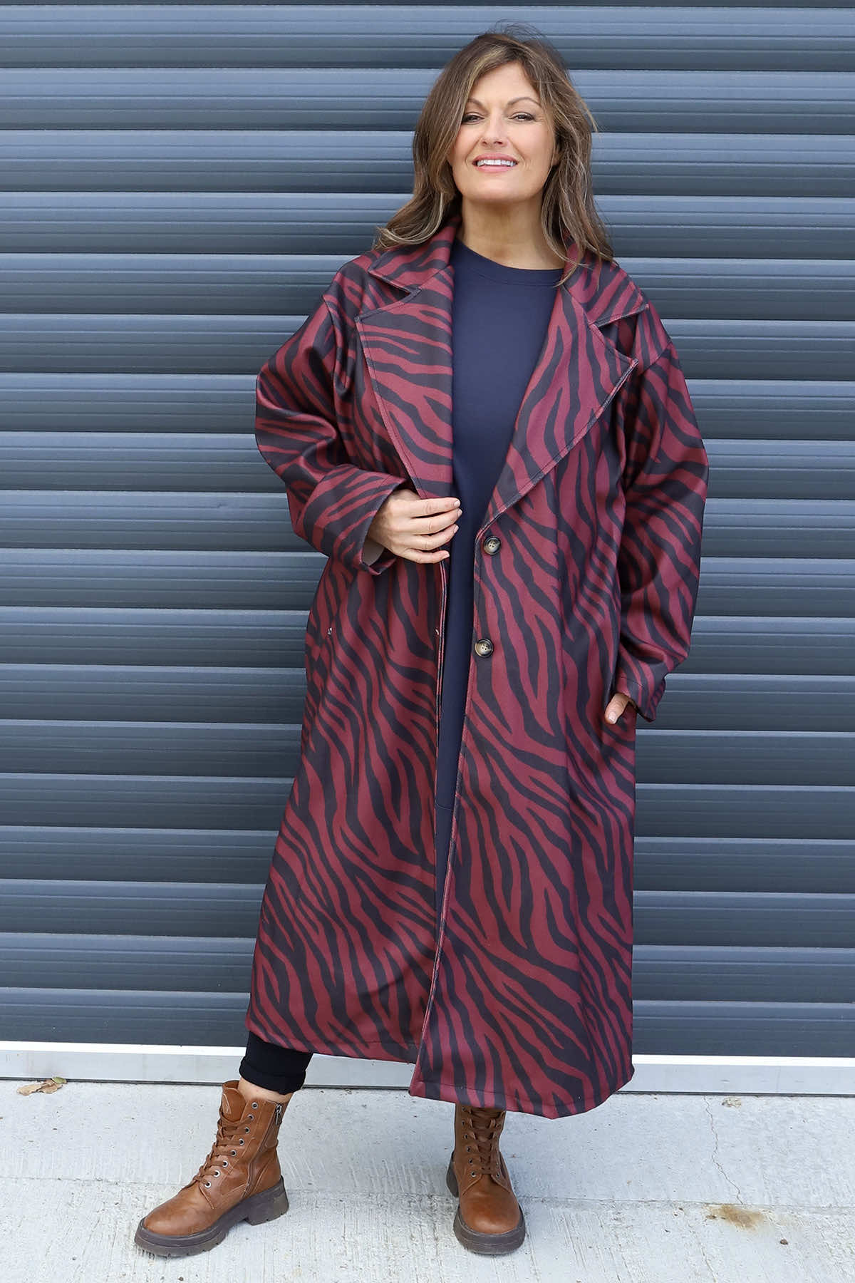 Jenna Zebra Print Coat Wine