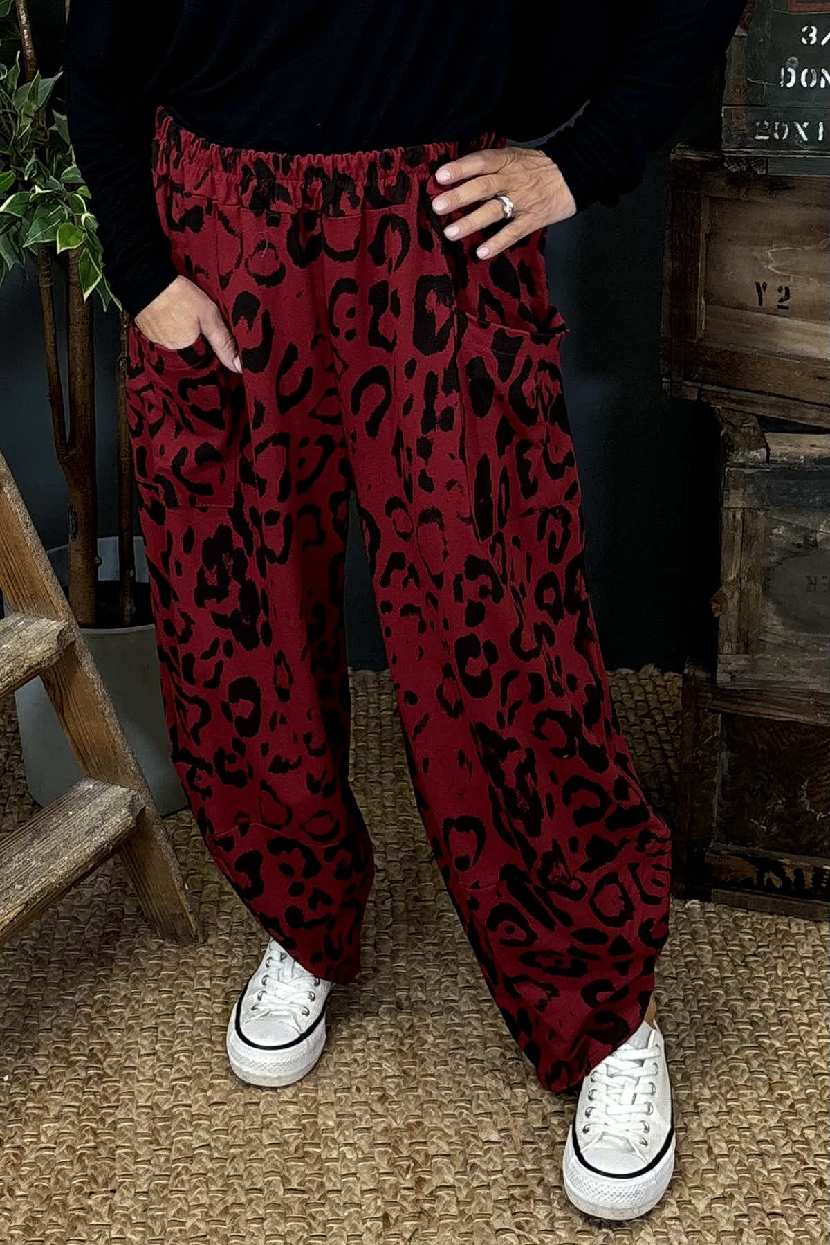 Carter Leopard Print Cotton Joggers Wine