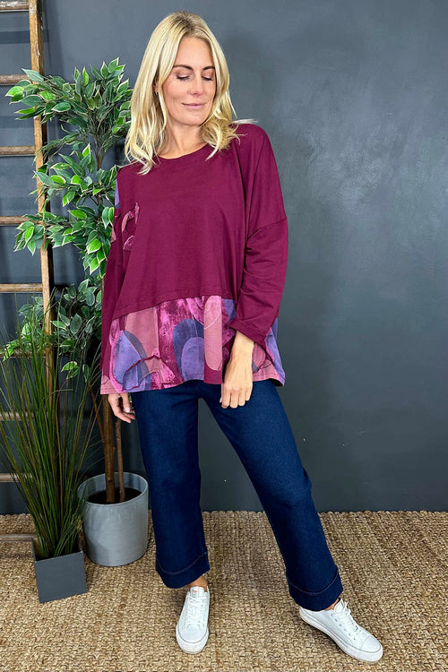 Kayla Print Panel Cotton Top Wine