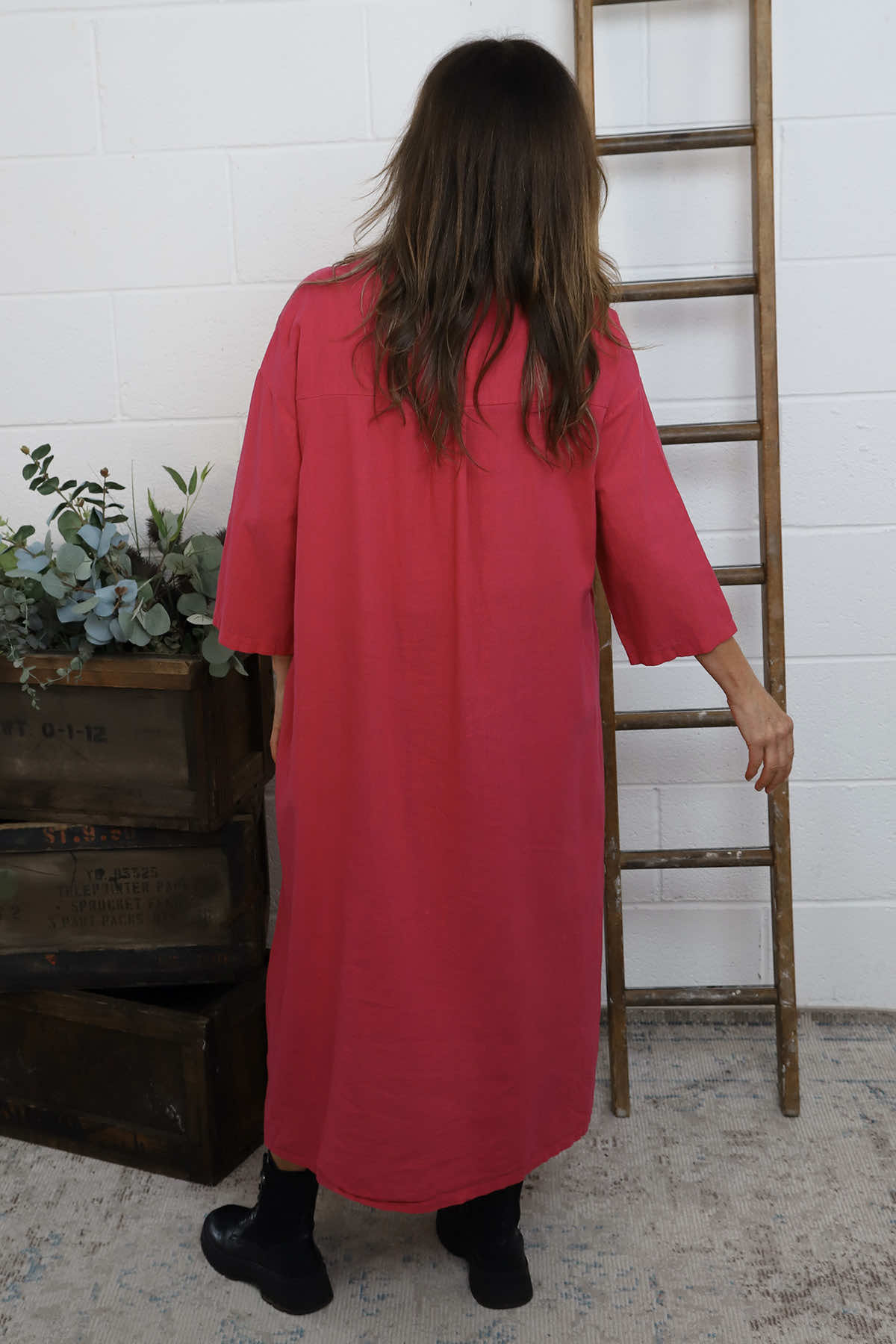 Sienna Button Linen Dress Fuchsia