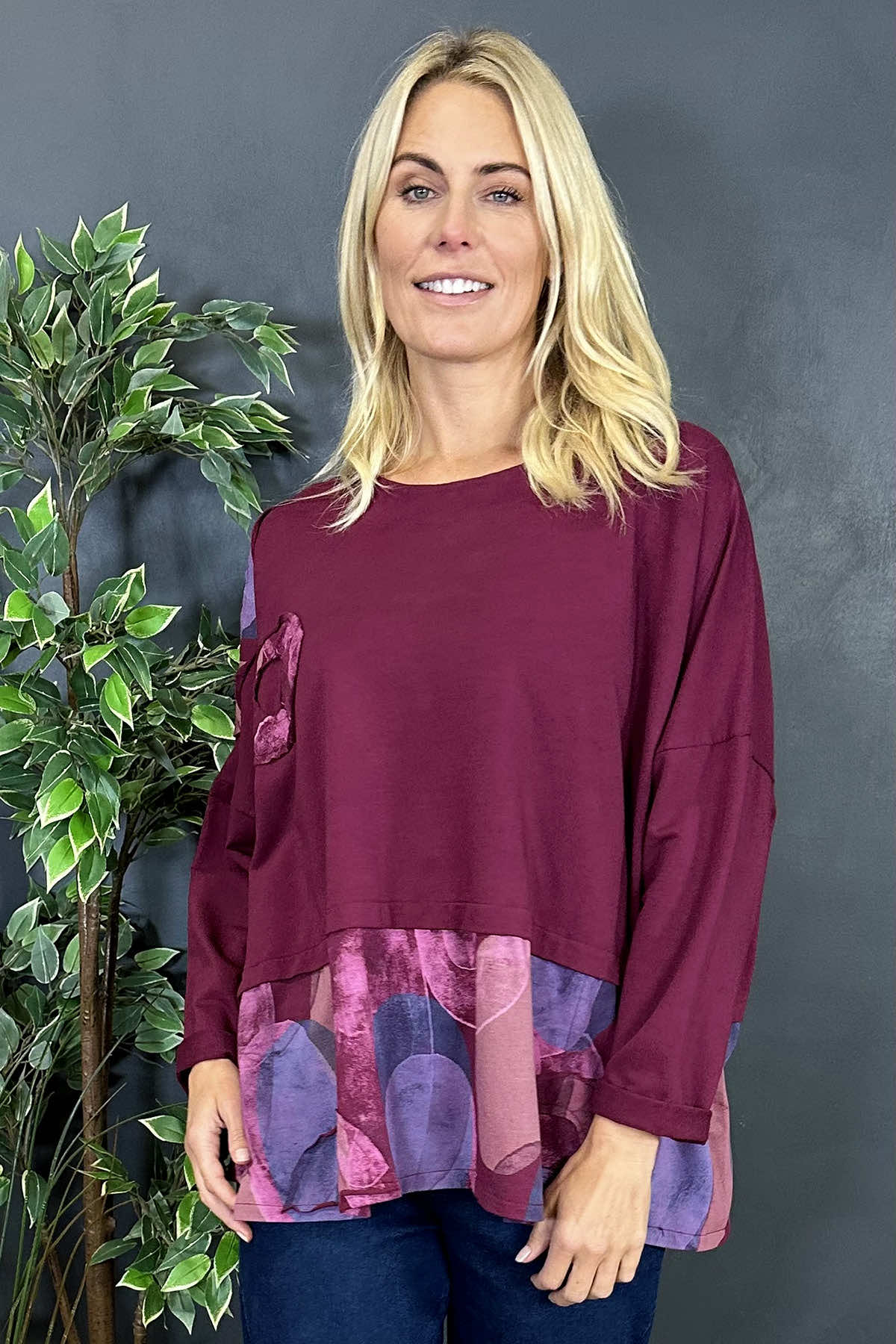 Kayla Print Panel Cotton Top Wine