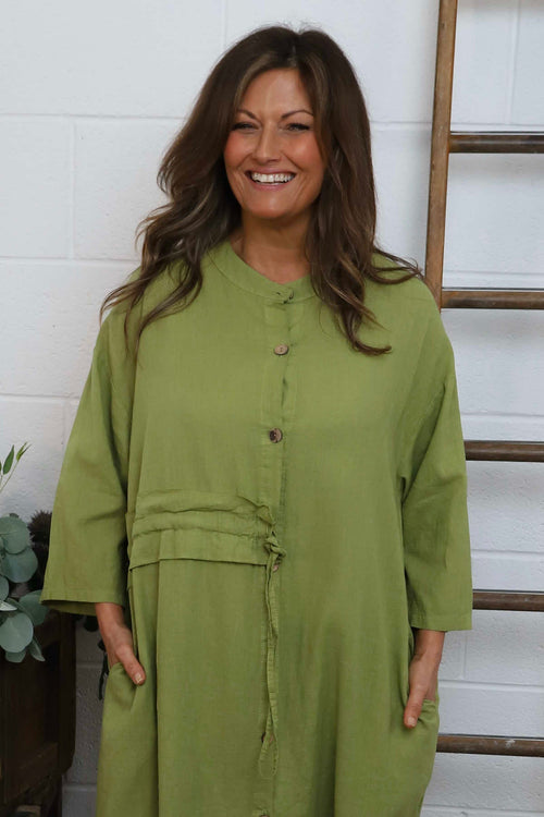 Sienna Button Linen Dress Olive - Image 2