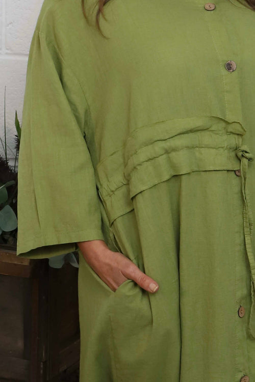 Sienna Button Linen Dress Olive - Image 3