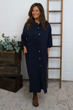 Sienna Button Linen Dress Navy Navy - Sienna Button Linen Dress Navy