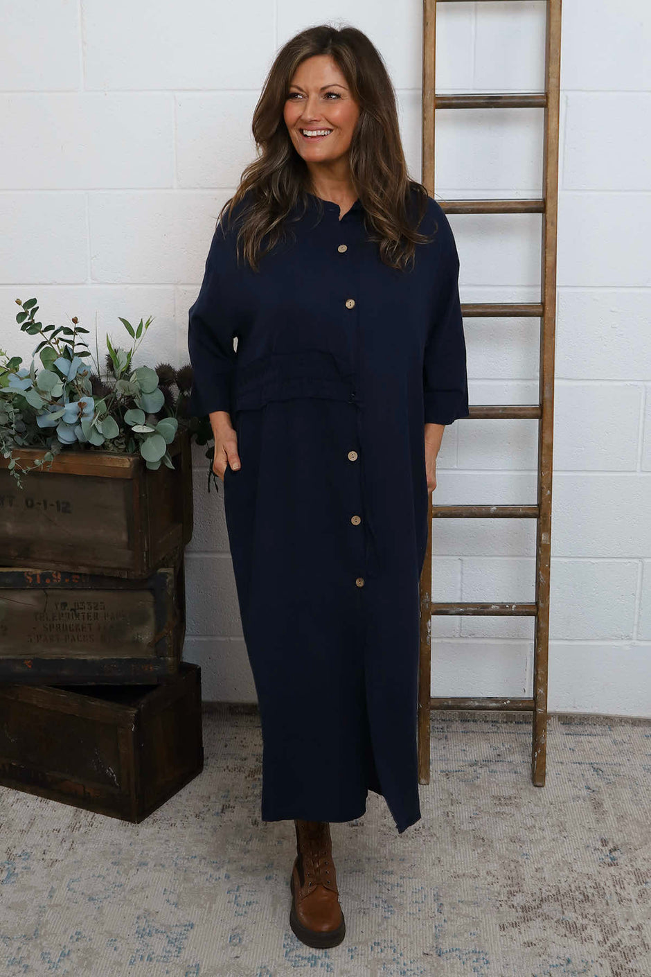Sienna Button Linen Dress Navy